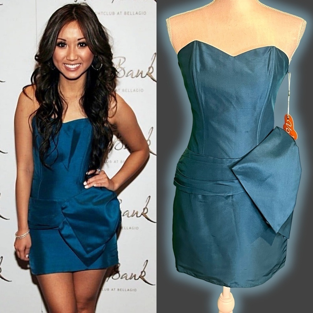 NWT Voom By Joy Han Teal Blue Silk Strapless Corseted Bow Detail Mini Dress Sz S